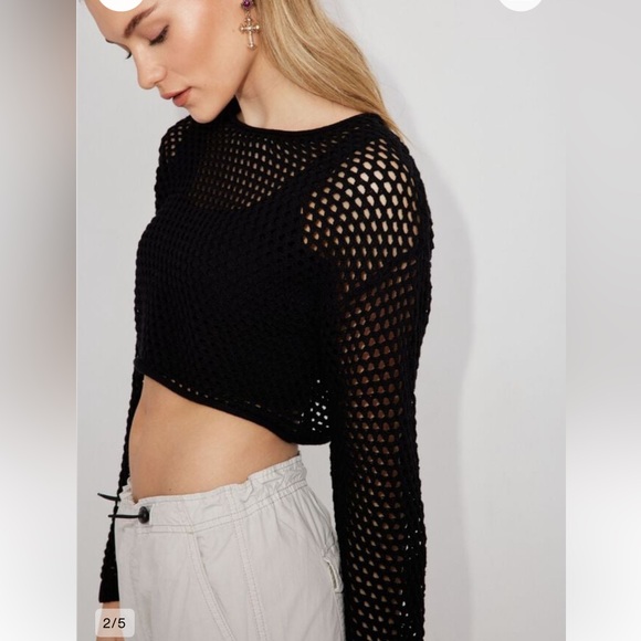 Garage Open Knit Cropped Crochet Black Sweater - Picture 2 of 5